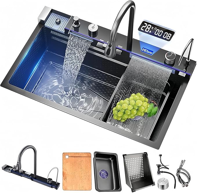Modern Waterfall Kitchen Sink | Digital Display & Piano Button Control