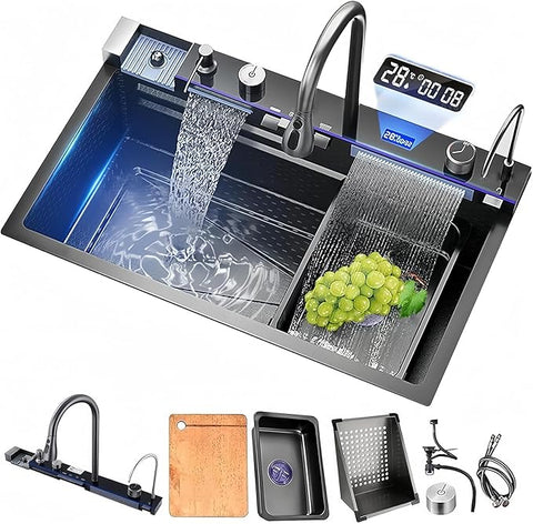 Modern Waterfall Kitchen Sink - Smart Digital Display aur Piano Button Control ke sath - Stainless Steel Honeycomb Design