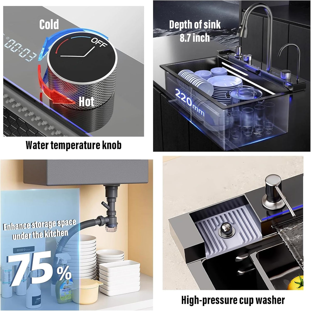 Modern Waterfall Kitchen Sink | Digital Display & Piano Button Control