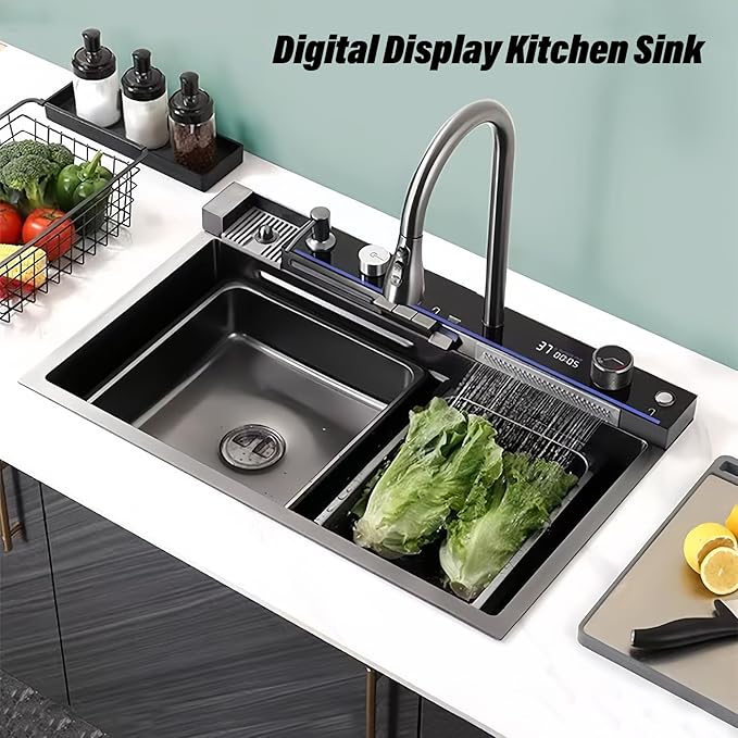 Modern Waterfall Kitchen Sink | Digital Display & Piano Button Control