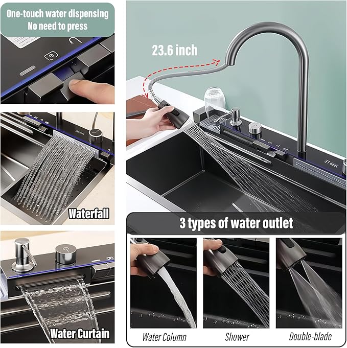 Modern Waterfall Kitchen Sink | Digital Display & Piano Button Control