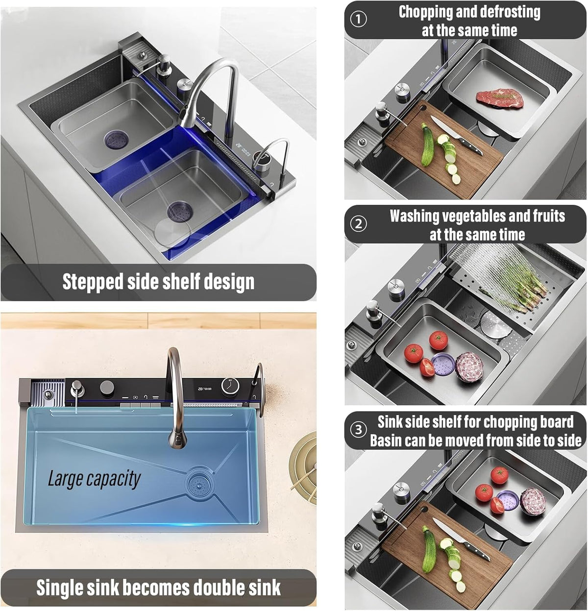 Modern Waterfall Kitchen Sink | Digital Display & Piano Button Control